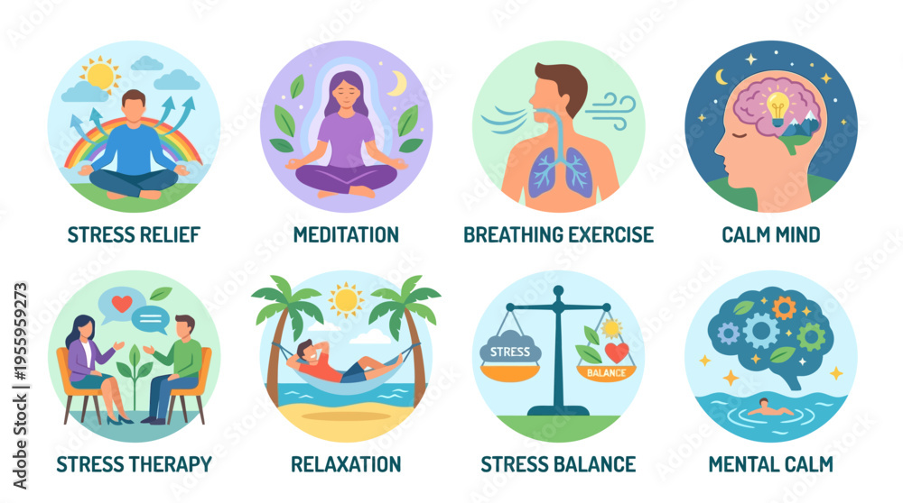 Fototapeta premium People practice stress relief and meditation through breathing exercises in a calm natural environment with mental health illustrations vector graphics.