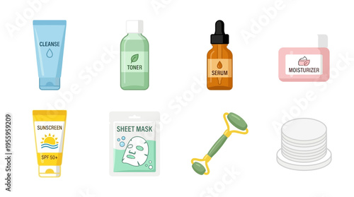 The vector illustration shows various skincare products on a white surface including cleanser toner serum moisturizer sunscreen sheet mask and gua sha tool.