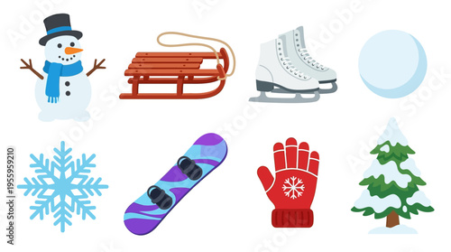 Winter vector scene with snowman ice-skating on frozen lake near snowflake sled and tree