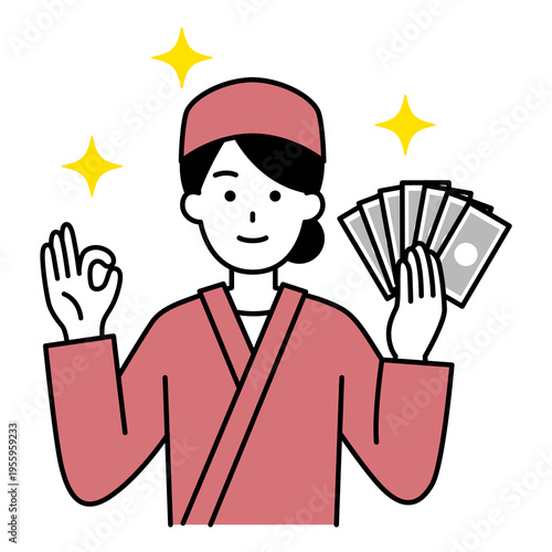 お札を持ってOKサインをする和食屋の女性店員