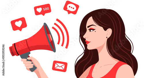 Illustration of a woman with a megaphone promoting social media messages and online engagement.