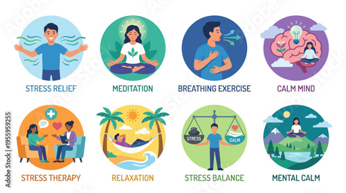 Vector illustrations of people practicing stress relief techniques through meditation and breathing exercises in a calm natural environment with mental health icons.