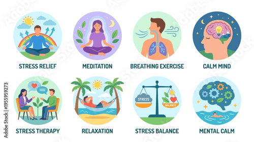 People practice stress relief and meditation through breathing exercises in a calm natural environment with mental health illustrations vector graphics.