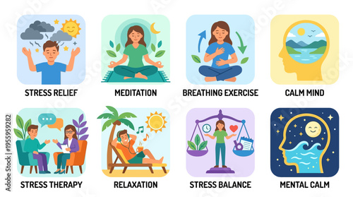A serene vector illustration of people practicing stress relief techniques through meditation and breathing exercises in a calm environment with nature.