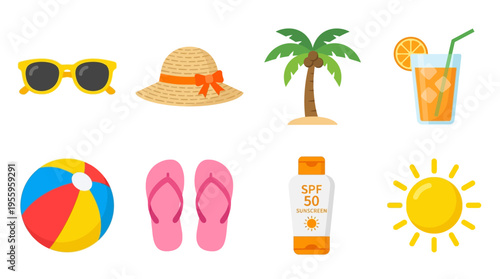 A vector illustration of a beach scene with sunglasses, hat, palm tree, cocktail, beach ball, flip flops, sunscreen, and sun, showcasing summer vacation items.
