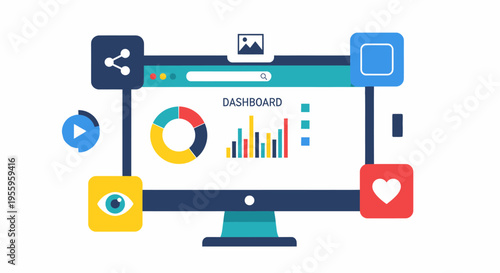 Dynamic dashboard interface showcasing colorful data visualization on a computer monitor with graphs and charts.