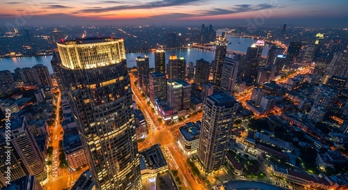 Modern Cityscape at Dusk with Illuminated Skyscrapers and River