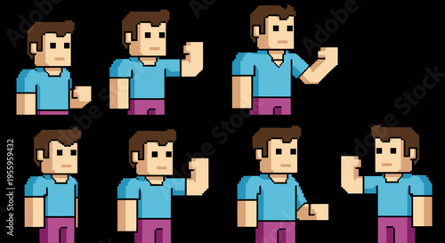 Pixel art group of people in blue shirts posing and waving in a playful scene.