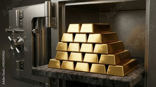 Gold bars stacked neatly inside an open safe for secure storage and investment purposes safely locked away