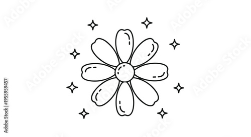 Minimalist Flower Icon with Sparkles Line Art Illustration Isolated on White Background