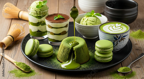A delightful assortment of green tea matcha desserts and beverages on a wooden table.