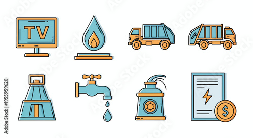 Set of hand drawn icons representing household, vehicles, and utilities for graphic resources.