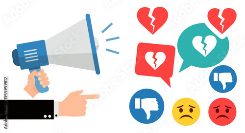 Illustration of social media reactions and online communication with megaphone imagery.