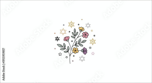Minimalist hand drawn wildflower branch with stars and Star of David isolated on white background