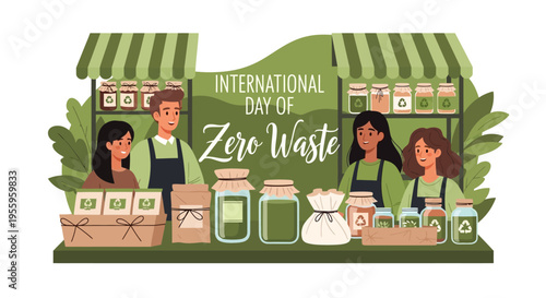 Illustration of people promoting eco-friendly living on International Day of Zero Waste with a market stall and reduce reuse recycle concept.