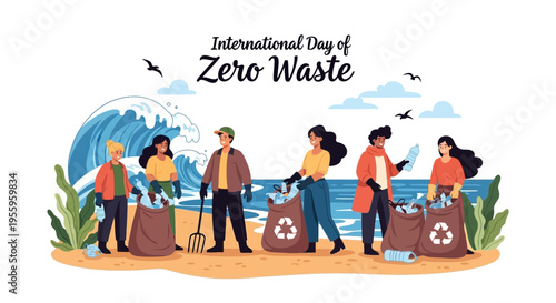 Illustration of diverse people collecting trash on a beach for International Day of Zero Waste, promoting eco-friendly lifestyle and sustainable living concept.