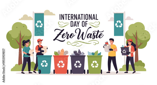 Illustration of people promoting eco-friendly lifestyle on International Day of Zero Waste with recycling bins and reduce reuse recycle symbols.