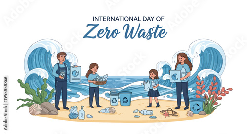 Illustration of people promoting eco friendly lifestyle on beach for International Day of Zero Waste with reduce reuse recycle concept.