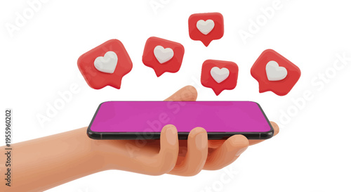 Close up of a hand holding a smartphone with floating heart icons indicating likes on social media.