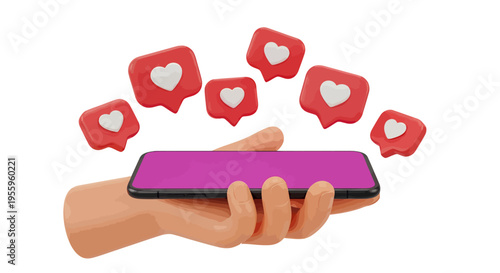 A person’s hand holding a smartphone with floating heart icons, symbolizing social media engagement and online interaction.