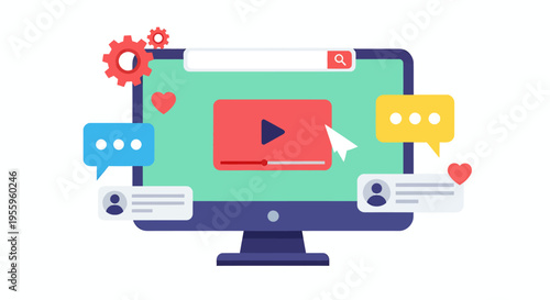 Interactive online video learning interface displayed on a desktop monitor with icons.