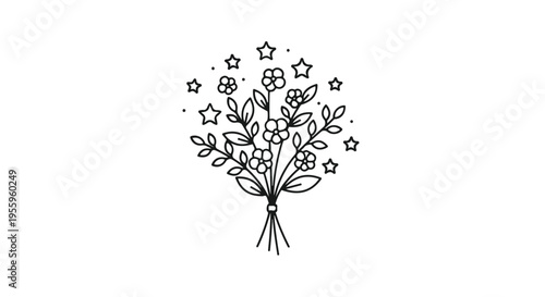 Minimalist Flower Bouquet Line Art Illustration with Stars Isolated on White Background