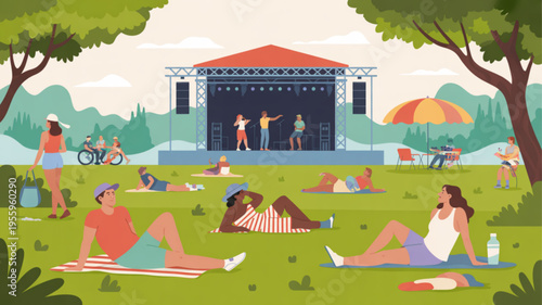 People relaxing on grass at outdoor music festival with stage and trees