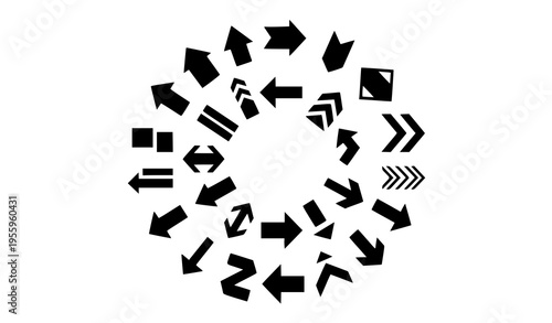 Bold geometric black arrow vector set with strong directional symbols in circular layout isolated on white background