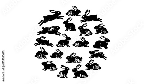 Elegant rabbit silhouette set with decorative bunny shapes for lunar festival and cultural design isolated on white background vector