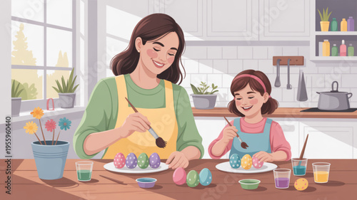 Woman and little girl painting colorful easter eggs on plates at a kitchen table with art supplies