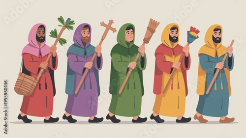 Biblical figures in colorful robes holding symbolic objects in a line