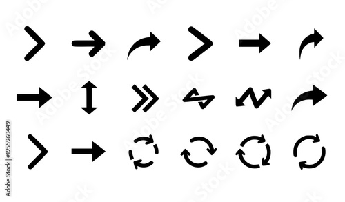 Modern black arrow icon set with minimal geometric directional symbols collection isolated on white background vector