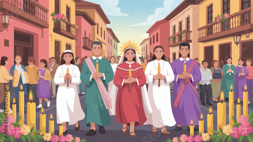 Vibrant religious procession with people in colorful robes walking down a street lined with flowers and buildings