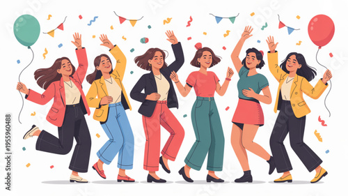Diverse group of women celebrating with balloons and confetti joyful expressions colorful outfits festive atmosphere party vibes fun happiness excitement freedom youthful energy