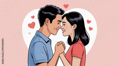 Loving couple sharing tender moment with hearts in romantic setting