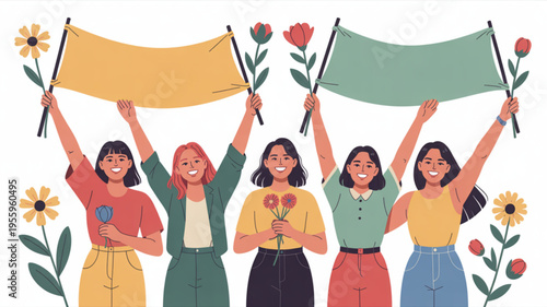 Diverse women holding colorful banners and flowers celebrating unity and solidarity with a joyful expression standing together in harmony