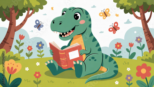 Smiling green dinosaur reading a book in a colorful garden with flowers and butterflies