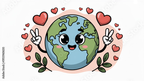 Smiling earth cartoon with peace signs and hearts symbolizing love and care for the planet surrounded by leaves on a pink background