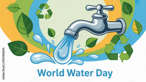 World water day concept with faucet and green leaves symbolizing conservation and sustainability