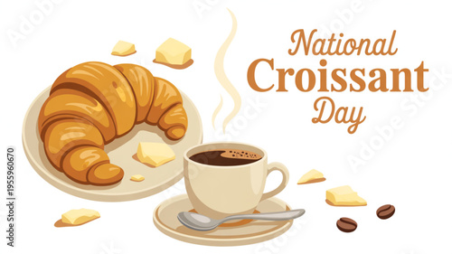 Croissant and coffee cup on plate with butter pieces and beans on white background celebrating national croissant day