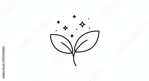 Minimalist Sprout Leaf Icon with Sparkles. Nature and Growth Vector Illustration