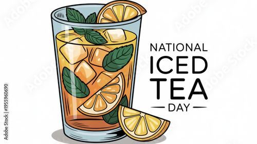 Refreshing glass of iced tea with lemon slices and mint leaves on national iced tea day with a white background