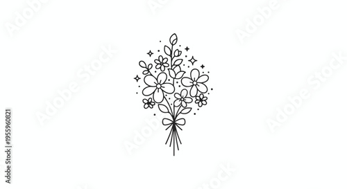 Minimalist Hand Drawn Flower Bouquet with Stars Line Art Isolated on White Background