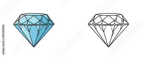 Fényképezés Faceted diamond-cut gemstone vector illustrations shown in colored cartoon and b