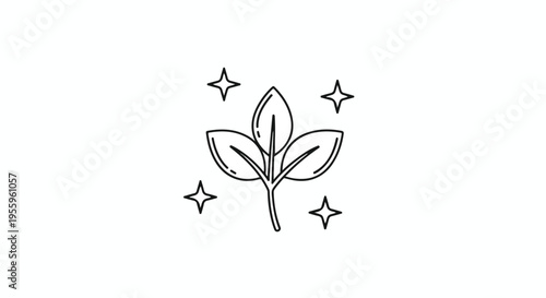 Minimalist Black Line Art Leaf Icon with Sparkles Isolated on White Background