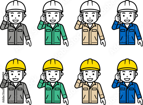 スマホで電話するヘルメットと作業服を着用した男性のアイコン。その2