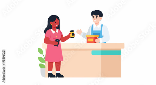 A young girl customer hands a jar to a smiling male shopkeeper at a store counter, illustrating a retail transaction.