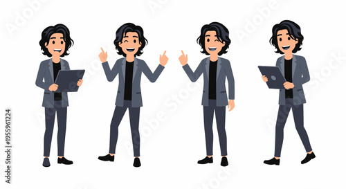 Four cartoon illustrations of a young man with dark wavy hair, wearing a dark t-shirt and grey blazer, two holding tablets and two gesturing, on a white background.