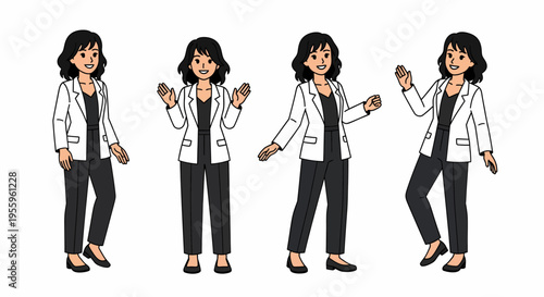 Four cartoon illustrations of a friendly woman in a white lab coat and black professional attire, posing with various hand gestures.