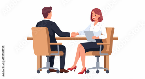 Two business professionals shaking hands across a table, symbolizing agreement, partnership, or a successful meeting in an office setting.